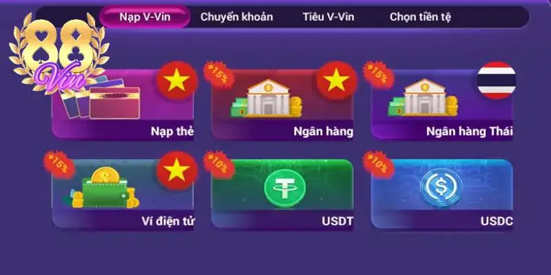 Hệ thống giao dịch nạp tiền 88Vin diễn ra nhanh chóng và tiện lợi